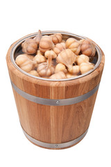 pickled garlic in a barrel