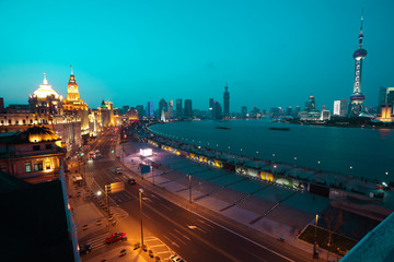 Bird view at Shanghai Bund European-style buildings of night