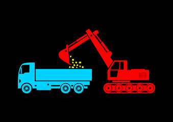 Truck and excavator on black background