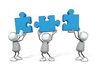 little sketchy men with blue pieces of puzzle