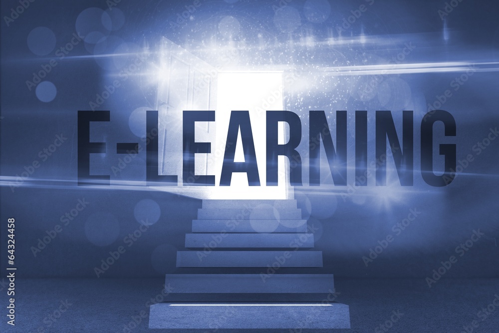 Aufkleber e-learning against steps leading to open door showing light