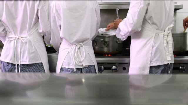 Rear view of busy chefs at work