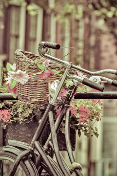 Retro styled image of Dutch bicycles in Amsterdam