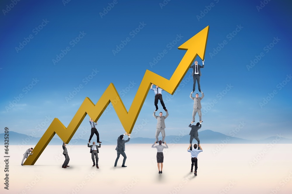 Poster composite image of business team holding up arrow