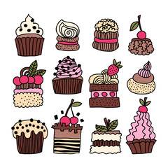 Set of hand drawn cakes, desserts