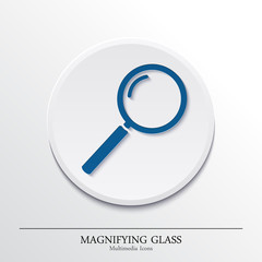 Multimedia icons on button, magnifying glass. Vector.