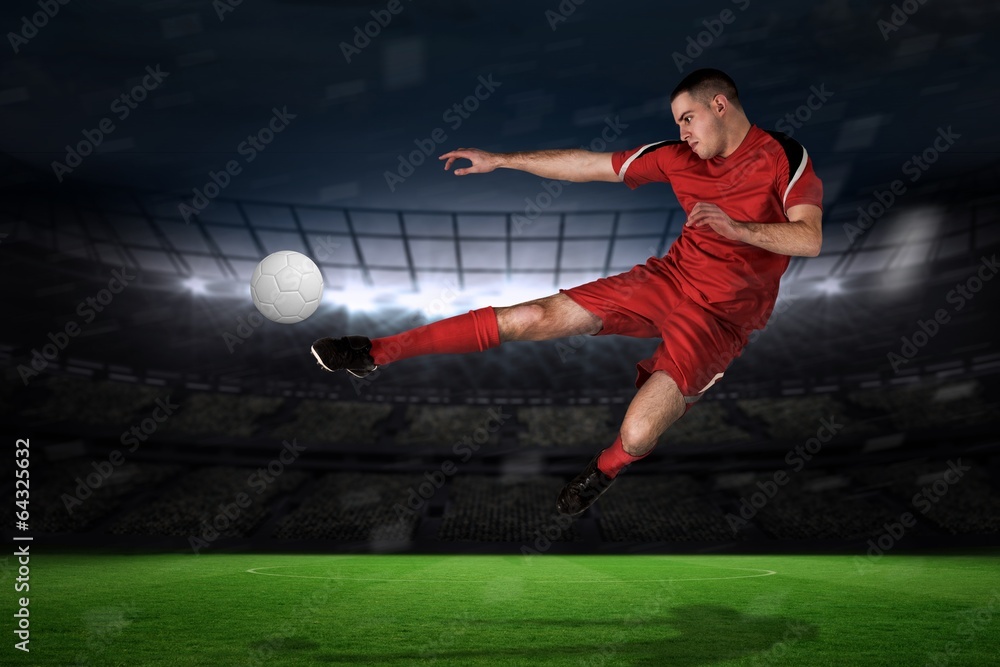 Poster composite image of fit football player playing and kicking