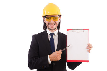 Businessman -builder  with binder  isolated on white