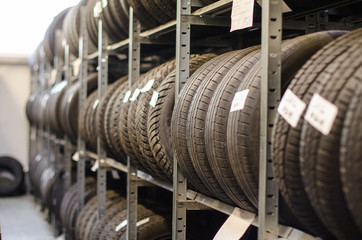 Used old car tires at warehouse.