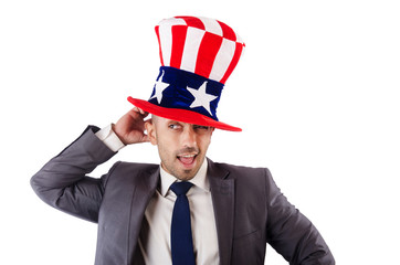 Man with american hat on white