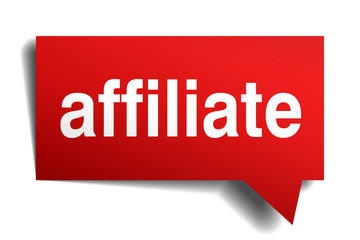 Affiliate red 3d realistic paper speech bubble isolated on white