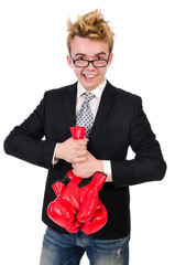 Young businessman boxer isolated on white