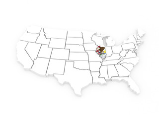 Three-dimensional map of Illinois. USA.