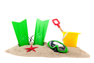 Beach with diving tools and toys