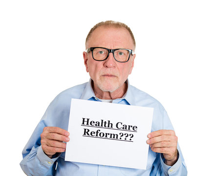 Portrait unhappy serious old senior man with healthcare reform 