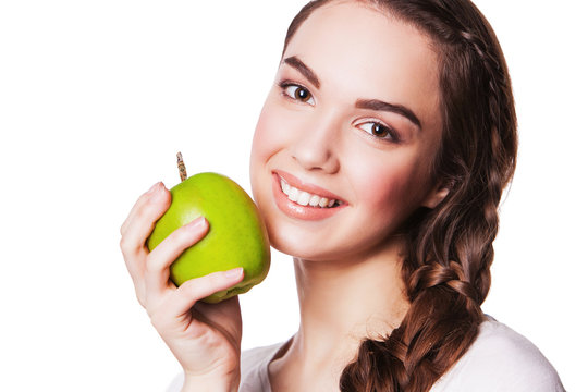 Happy Smiling Woman With Apple, Isolated On White