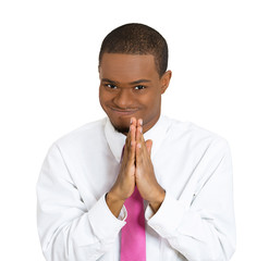 Portrait young sly man plotting revenge on white background 