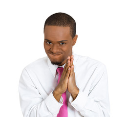 Portrait sly plotting young man isolated on white background 