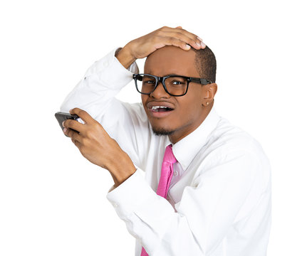 Shocked young man realizing he is balding, white background 