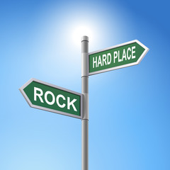 3d road sign saying rock and hard place