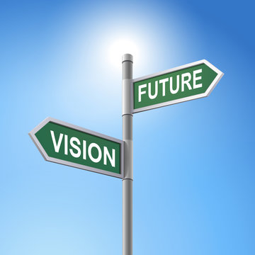 3d road sign saying vision and future