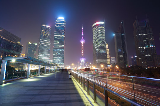 Shanghai modern city landmark background night view of traffic