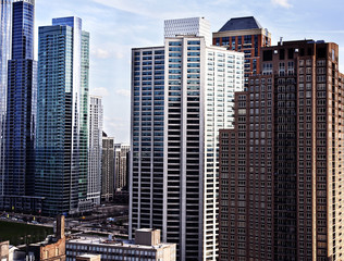 Photo of tall buildings from South Loop in Chicago. Cityscape