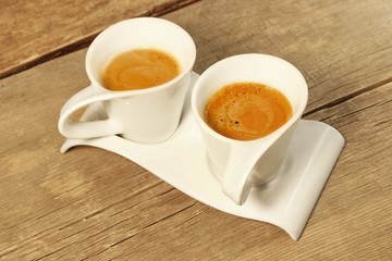 Two Vintage Cups of Espresso on Grungy Wooden Table, XXXL