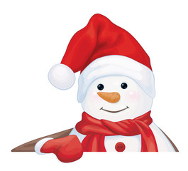 Vector  snowman hiding by blank isolated.