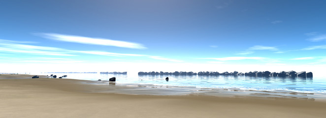 Panoramic sandy beach landscape with blue cloudy sky and rocks.