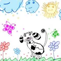 child's drawing dog on a meadow