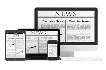Mobile News Concept. Desktop computer, notebook, tablet pc and m