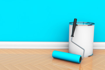 Paint can with roller brush