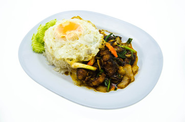 stir fried fish with basil fried egg and rice