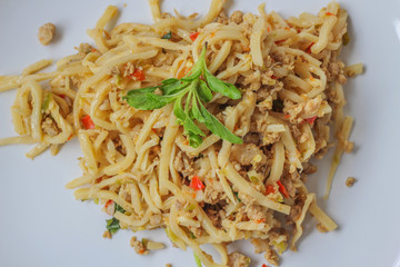 Pork fried bamboo shoots in Thailand Foods