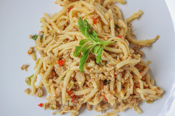 Pork fried bamboo shoots in Thailand Foods