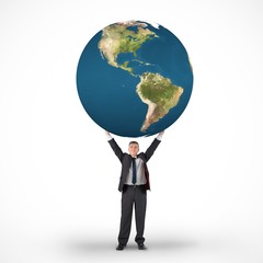 Composite image of mature businessman holding globe