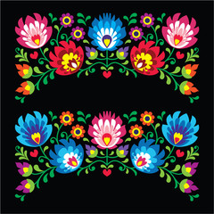 Polish floral folk embroidery card on black - Wzory Lowickie