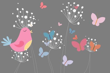 Pink bird with heart and dandelions