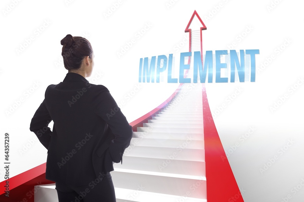 Poster Implement against red arrow with steps graphic