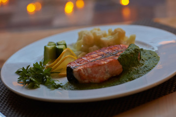 salmon steak with vegetables