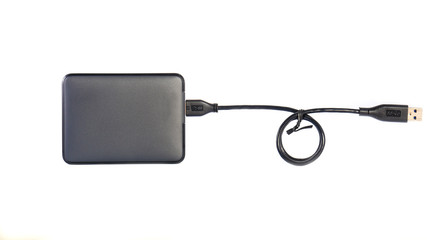 Portable external HDD hard disk drive with USB cable on white ba