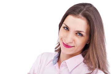 Smiling business woman with folded hands against white backgroun