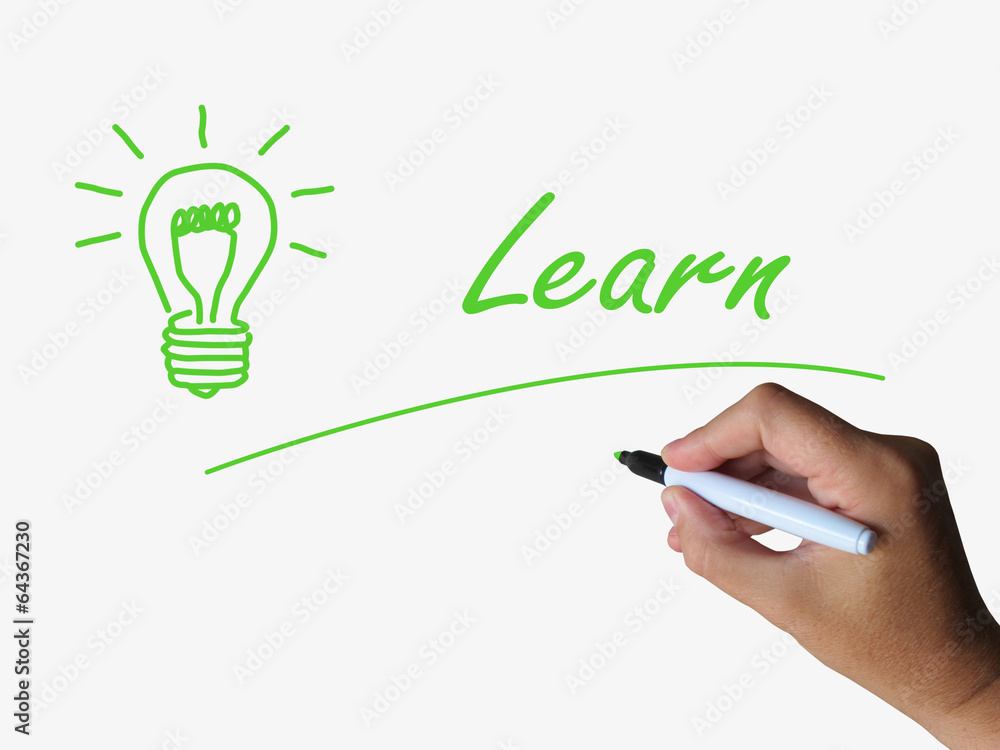 Poster learn and lightbulb means training and learning skills or knowle