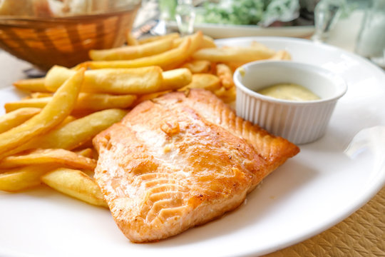 salmon and Golden French fries