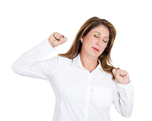 Fototapeta premium Sleepy woman stretching tired fatigued on white background 