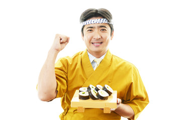 ガッツポーズの寿司職人