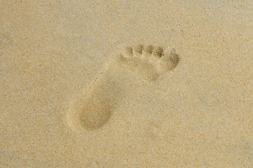 Fototapeta na wymiar Trace of a bare foot on wet sand