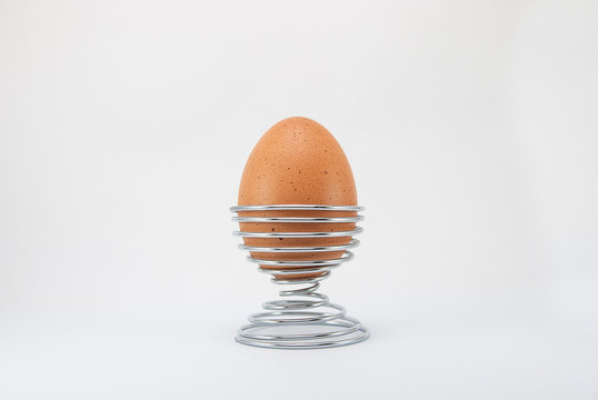 Brown egg on metal stand holder