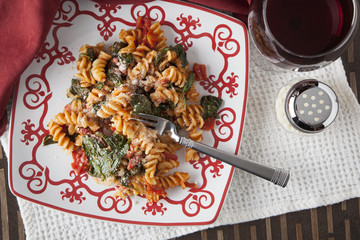 Fusilli Pasta with Tomatos and Fresh Baby Spinach